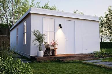 Portable prefab home exterior design by Martin Boxabl